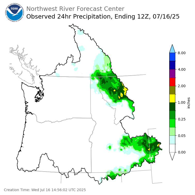 Observed Precipitation ending Wednesday, July 16 at 5 am PDT