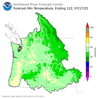 Day 1 (Wednesday): Min Temperature Forecast ending Thursday, July 17 at 5 am PDT