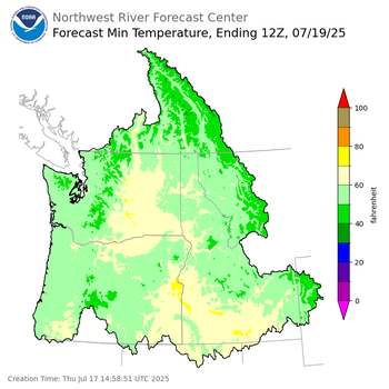 Day 2 (Friday): Min Temperature Forecast ending Saturday, July 19 at 5 am PDT