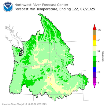 Day 4 (Sunday): Min Temperature Forecast ending Monday, July 21 at 5 am PDT