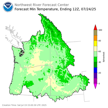 Day 5 (Wednesday): Min Temperature Forecast ending Thursday, July 24 at 5 am PDT