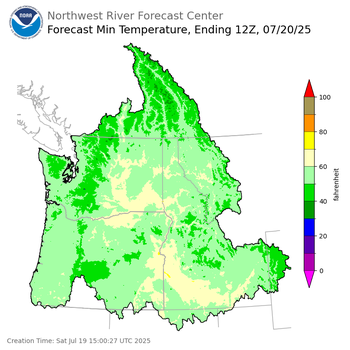 Day 1 (Saturday): Min Temperature Forecast ending Sunday, July 20 at 5 am PDT