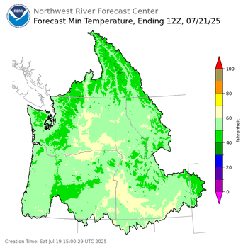Day 2 (Sunday): Min Temperature Forecast ending Monday, July 21 at 5 am PDT