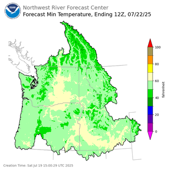 Day 3 (Monday): Min Temperature Forecast ending Tuesday, July 22 at 5 am PDT