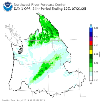 Day 1 (Sunday): Precipitation Forecast ending Monday, July 21 at 5 am PDT