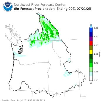 Day 1 (Sunday): 6 Hourly Precipitation Forecast ending Sunday, July 20 at 5 pm PDT