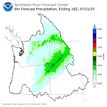 Day 2 (Monday): 6 Hourly Precipitation Forecast  ending Monday, July 21 at 11 am PDT