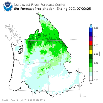 Day 2 (Monday): 6 Hourly Precipitation Forecast  ending Monday, July 21 at 5 pm PDT