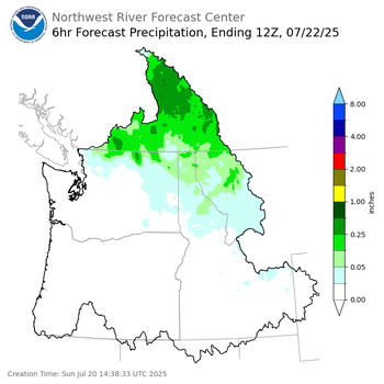 Day 2 (Monday): 6 Hourly Precipitation Forecast  ending Tuesday, July 22 at 5 am PDT