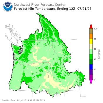 Day 1 (Sunday): Min Temperature Forecast ending Monday, July 21 at 5 am PDT