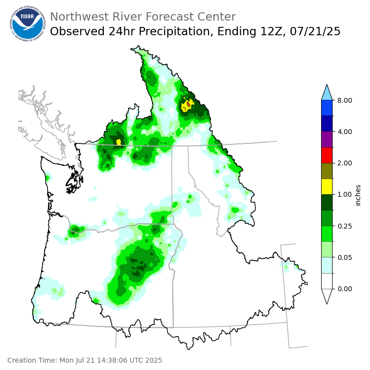 Observed Precipitation ending Monday, July 21 at 5 am PDT