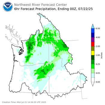 Day 1 (Monday): 6 Hourly Precipitation Forecast ending Monday, July 21 at 5 pm PDT