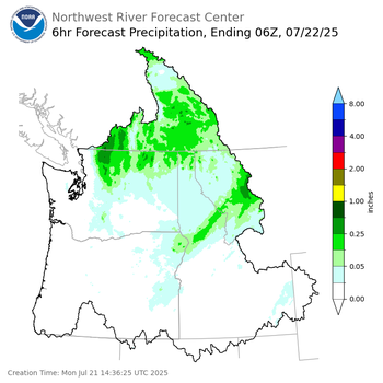 Day 1 (Monday): 6 Hourly Precipitation Forecast ending Monday, July 21 at 11 pm PDT