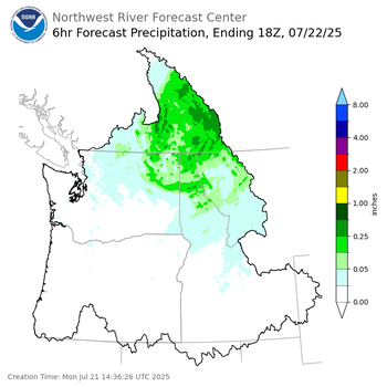 Day 2 (Tuesday): 6 Hourly Precipitation Forecast  ending Tuesday, July 22 at 11 am PDT