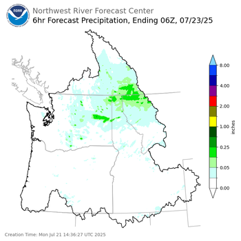 Day 2 (Tuesday): 6 Hourly Precipitation Forecast  ending Tuesday, July 22 at 11 pm PDT