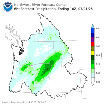 Day 1 (Monday): 6 Hourly Precipitation Forecast ending Monday, July 21 at 11 am PDT