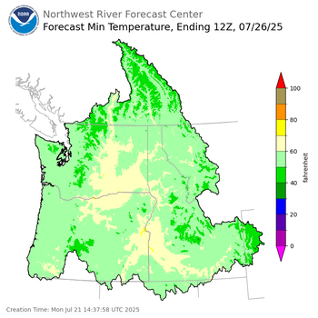 Day 5 (Friday): Min Temperature Forecast ending Saturday, July 26 at 5 am PDT