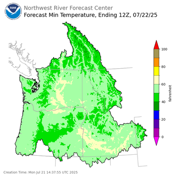 Day 1 (Monday): Min Temperature Forecast ending Tuesday, July 22 at 5 am PDT