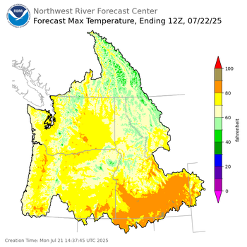 Day 1 (Monday): Max Temperature Forecast ending Tuesday, July 22 at 5 am PDT