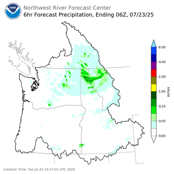 Day 1 (Tuesday): 6 Hourly Precipitation Forecast ending Tuesday, July 22 at 11 pm PDT