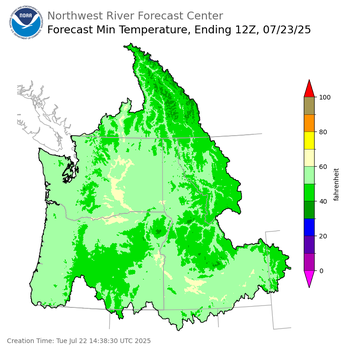 Day 1 (Tuesday): Min Temperature Forecast ending Wednesday, July 23 at 5 am PDT