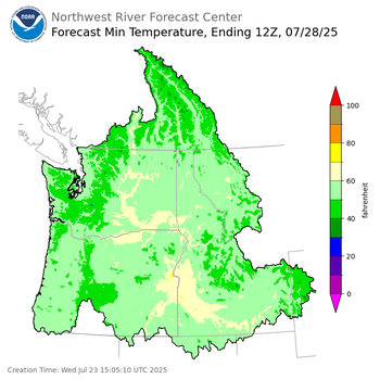 Day 5 (Sunday): Min Temperature Forecast ending Monday, July 28 at 5 am PDT