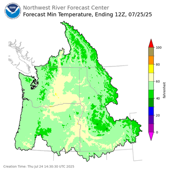 Day 1 (Thursday): Min Temperature Forecast ending Friday, July 25 at 5 am PDT