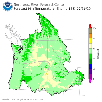 Day 2 (Friday): Min Temperature Forecast ending Saturday, July 26 at 5 am PDT