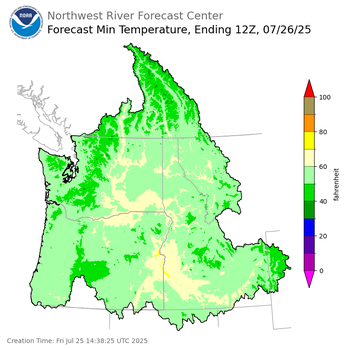 Day 1 (Friday): Min Temperature Forecast ending Saturday, July 26 at 5 am PDT