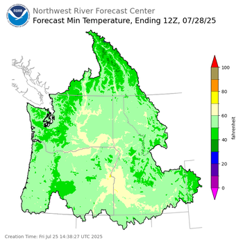 Day 3 (Sunday): Min Temperature Forecast ending Monday, July 28 at 5 am PDT