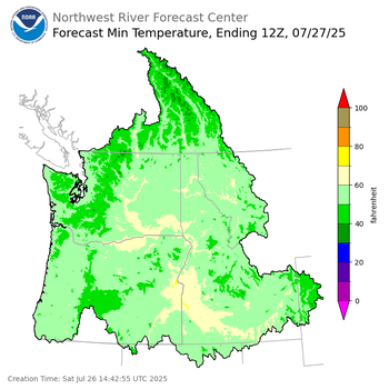 Day 1 (Saturday): Min Temperature Forecast ending Sunday, July 27 at 5 am PDT