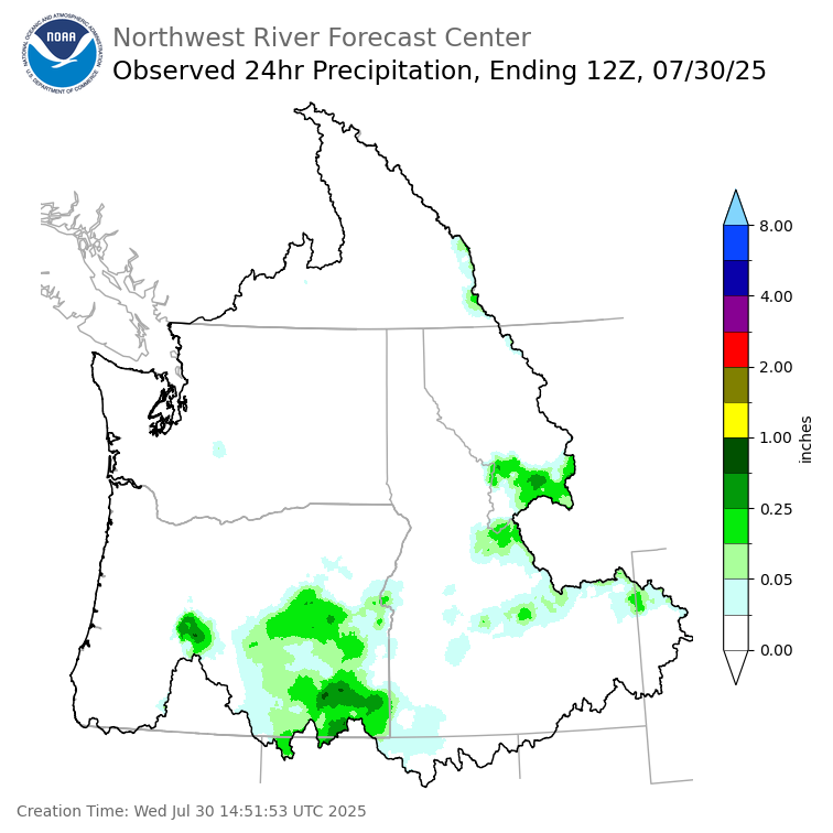 Observed Precipitation ending Wednesday, July 30 at 5 am PDT