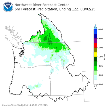 Day 3 (Friday): 6 Hourly Precipitation Forecast  ending Saturday, August 2 at 5 am PDT
