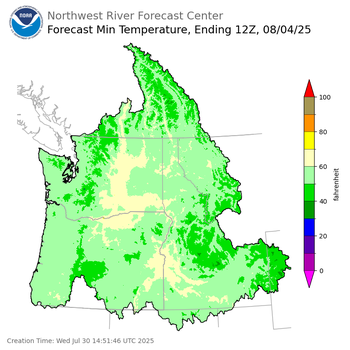 Day 5 (Sunday): Min Temperature Forecast ending Monday, August 4 at 5 am PDT